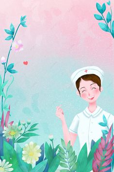 a woman in a nurse's uniform is surrounded by flowers and plants on a pink background