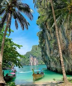 there are many boats in the water near some palm trees and rocks on the beach