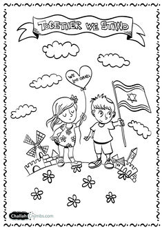 a coloring page with two children holding flags