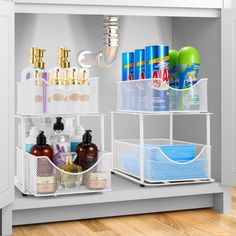 an organized bathroom cabinet with soaps, shampoos and lotions