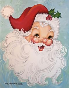 a painting of a santa claus with holly berries on his head and nose, smiling