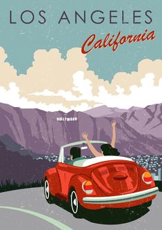 a red car driving down a road with mountains in the background and an advertisement for los angeles