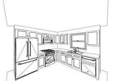 a line drawing of a kitchen with an oven and refrigerator