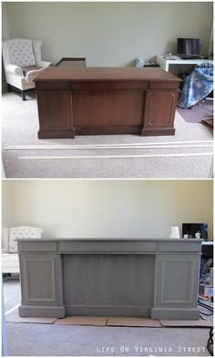 before and after shots of an office desk in the living room, with carpeted flooring