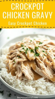 crockpot chicken gravy on top of rice in a white bowl with green garnish