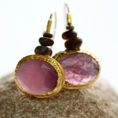 Purple Pink Sapphire Earrings Solid Gold Sapphire by MayaOfir Handmade Gold Tourmaline Earrings, Gold Pink Sapphire Earrings Fine Jewelry, Gold Pink Sapphire Earrings In Fine Jewelry Style, Pink Faceted Earrings For Gift, Gold Faceted Ruby Earrings, Round Tourmaline Gemstone Earrings, Pink Oval Ruby Earrings, Yellow Gold Tourmaline Gemstone Earrings, Elegant Tourmaline Earrings With Natural Stones