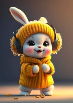 a cartoon bunny wearing headphones and a yellow sweater is standing in front of a gray background