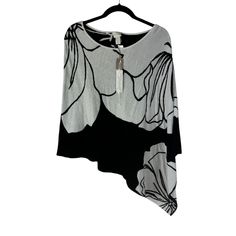 Chicos Sweater Poncho Shawl Size S/M Black/White Ecru Floral New With Tags! $99 Retail Chic White Batwing Sleeve Sweater, Black Long Sleeve Poncho For Spring, Spring Long Sleeve Black Poncho, Casual White Poncho With Batwing Sleeves, Black Batwing Sleeve Poncho For Spring, White Batwing Sleeve Top For Winter, White One Size Tops For Fall, One Size White Tops For Fall, Oversized White Poncho For Fall