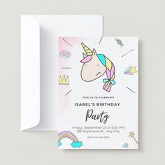 a birthday card with an unicorn on the front and rainbow in the back, which reads babel's birthday party