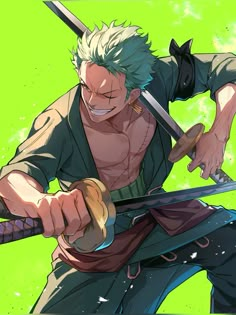 an anime character holding two swords in his hands