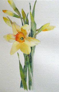 a watercolor painting of yellow flowers in a vase on a white background with green stems