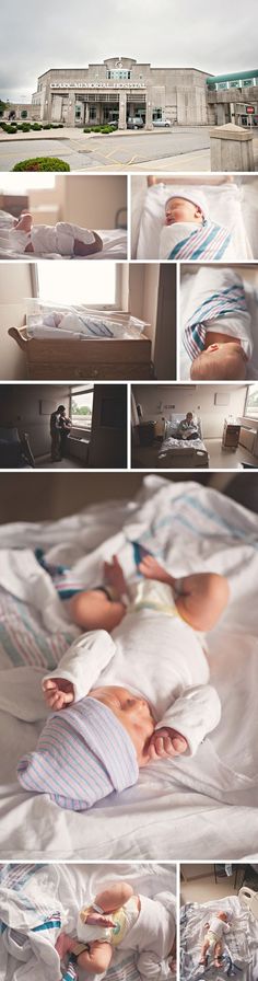 there is a collage of pictures with babys in the bed and on the ground