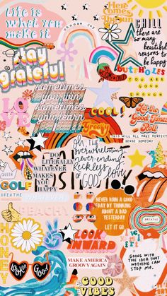 the back side of a poster with many different things on it, including words and symbols