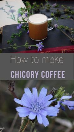 a cup of coffee sitting on top of a table next to blue flowers and greenery