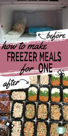 an almost empty freezer on top and many single serve meal prep containers with dinners in them on the bottom Diy Frozen Dinners For One, Single Serve Freezer Meal Prep, 1 Person Meals Cooking For One Easy, Freezer Sheet Pan Meals, Single Serve Freezer Meals, Freezer Meals For One, Single Serve Meal Prep