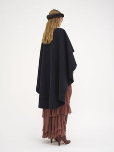 Chloé High Low Cape In Double Face Wool | Chloé US Oversized Black Cape For Layering, Elegant Oversized Poncho Cape, Half Circle Cloak, Oversized Brown Bohemian Cape, Oversized Brown Poncho Cape, Double Face, Order Online, High & Low, High Low