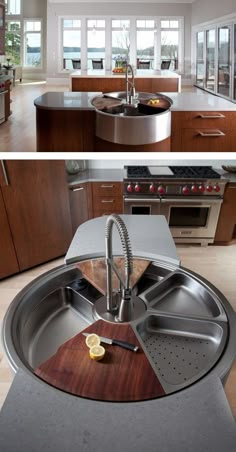 two pictures of a kitchen with an island and sink