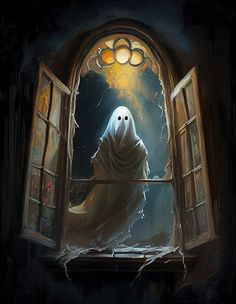 a painting of a ghost looking out an open window