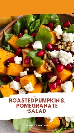 A roasted pumpkin salad with goat's cheese and pomegranate, perfect for fall dinners and healthy veggie-packed meals. Healthy Fall Salad Recipes, Butternut Squash Pomegranate, Fall Salad Recipes, Healthy Fall Salads, Butternut Squash Spinach, Winter Squash Recipes, Autumn Salad Recipes, Pumpkin Salad Pumpkin Pomegranate Salad, Dinner Recipes Veggies, Pumpkin Salad Recipes, Side Vegetable Dishes, Fall Bowls, Vegetable Dishes Healthy, Roasted Pumpkin Salad, Mashed Potato Cake Recipe