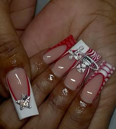 Birthday Acrylic Nails Ideas, Red Silver And White Nails, Acrylic Sets Nails, Square Nails Acrylic Medium, Red Nail Designs Long, Red Inspo Nails, Red Nail Sets, Long Acrylic Nails Square, Red Nails Acrylic