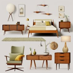 there are many different types of furniture in this photo set, including a bed, dresser, chair, table and lamp