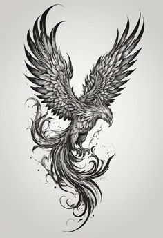 a tattoo design with an eagle on it's back and wings flying through the air