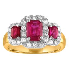 Classic 3 Stone Ring The ring is 14K White & Yellow Gold. The center Ruby is 1.15 Carats with a 0.30 Carts Each Side Ruby Stone. The 3 Rubies total 1.75 Carats Heated Burma Rubies. The 3 Rubies are step cut or emerald cut. The Center Ruby is a step cut and certified by AGL. There are 0.50 Carats Total in Diamonds G/H I1 The whole ring is certified by IGI. The ring is a size 6.50, sizable, The ring weighs 5.4 grams 1960s Engagement Ring, Sapphire Cocktail Ring, 3 Stone Rings, Three Stone Ring, Diamond Cocktail Rings, Ruby Stone, Diamond Star, Star Jewelry, No Heat