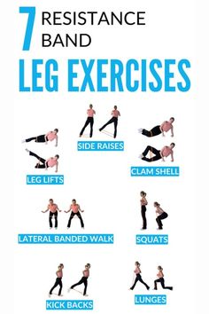 the 7 resistance band for leg exercises is shown in blue and white, with instructions to use