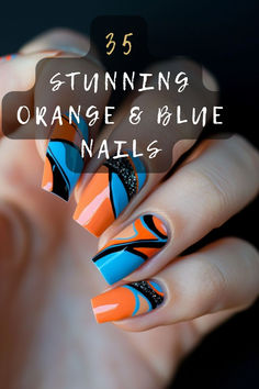 Want vibrant and trendy nails? Discover 35 orange and blue nail ideas that will make your nails pop. From simple stripes to detailed artwork, find the perfect design for every style. Click to see more! 💅🌟 #NailArt #OrangeAndBlue #NailDesign #FashionNails #NailInspo Aqua And Orange Nails, Orange And Blue Nails Design, Blue And Orange Nails Designs, Blue Orange Nails, Orange And Blue Nails, Blue Nail Ideas, Dark Blue Nails, Orange Nail Designs, Detailed Artwork