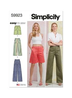 two women in wide legged pants and cropped shorts, with the words simplicity on them