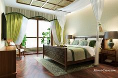 a modern bedroom with wooden floors and green curtains