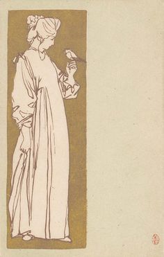 a drawing of a woman holding a flower in her right hand and wearing a white dress