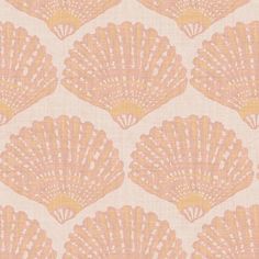 a pink and yellow wallpaper with large fan shaped shells on it's side