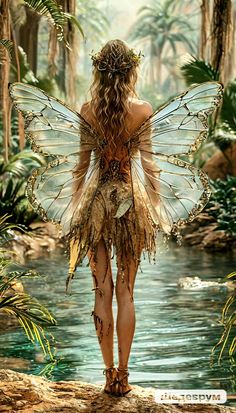 a woman dressed as a butterfly standing on top of a rock next to a body of water