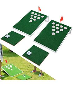 three people playing golf on the grass with several different positions to put their balls in