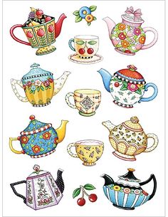 a drawing of teapots and cups on a white background