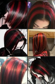 Black With Red Skunk Stripe, Red And Back Hair, Black And Red Skunk Hair, Red And Black Hair Highlights, Red Hair Dye Tips, Black Hair With Purple Chunky Highlights, Colored Layered Hair, Skunk Hair Dye Red, Split Dyed Hair Black And Red