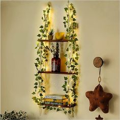 a shelf with plants and bottles on it next to a star shaped decoration hanging from the wall