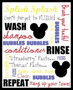 a mickey mouse poster with words that say, wash, shampoo and rinse