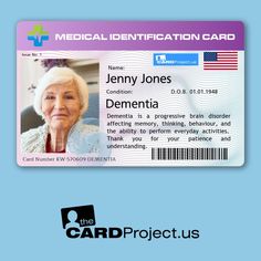 Our Dementia Medical ID Card is a simple yet essential tool for individuals living with Dementia. Designed for everyday use, this credit card-sized ID provides clear, concise information to help in emergencies or situations where the cardholder might be confused or disoriented. The front of the card includes the holder's photo, their name, and date of birth. It states that they have Dementia and includes a brief description of the condition. This helps anyone assisting the cardholder quickly understand their medical situation and offer appropriate help. The card also features an American flag, adding a familiar symbol that makes it easy to identify as a personal identification card. On the reverse side, there's a smaller version of the photo and the holder's name, alongside another brief d Identification Card Template, Creative Writing Jobs, Female Army Soldier, Old Man Pictures, Credit Card Tool, Card With Photo, Company Id, Id Card Template, New Photo Download