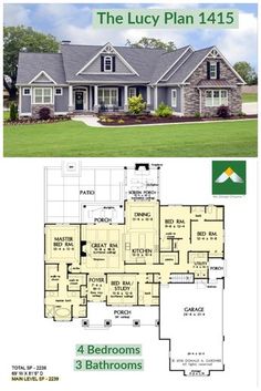 two story house plan with 3 bedroom and 2 bathrooms in the front, an open floor plan