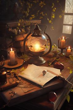 a desk with an open book, lantern and candles on it in front of a window