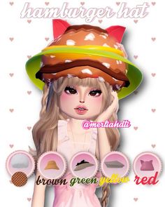 How To Make Burger Hat In Dti, Dti Cartoon Ideas, Hello Kitty Hat Dress To Impress, Hamburger Dti Outfit, Burger Outfit Dti, Burger Dti Outfit, Dti Hat Tricks, Hamburger Dress To Impress, One Color Dress To Impress