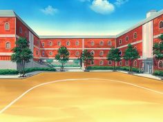 an artist's rendering of a basketball court in front of a red brick building