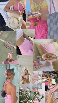 a collage of photos with women in pink outfits