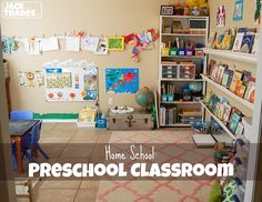 the inside of a school classroom with bookshelves and desks