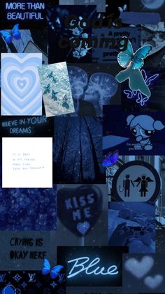 a collage of blue and black images with the words be in your dreams written on them