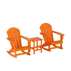 two chairs and a table made out of plastic orange color with one chair on the other side