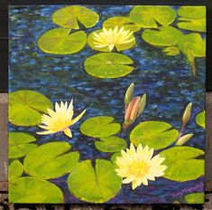 a painting of yellow water lilies in a pond