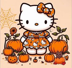 a hello kitty halloween card with pumpkins around her and a cat on the ground